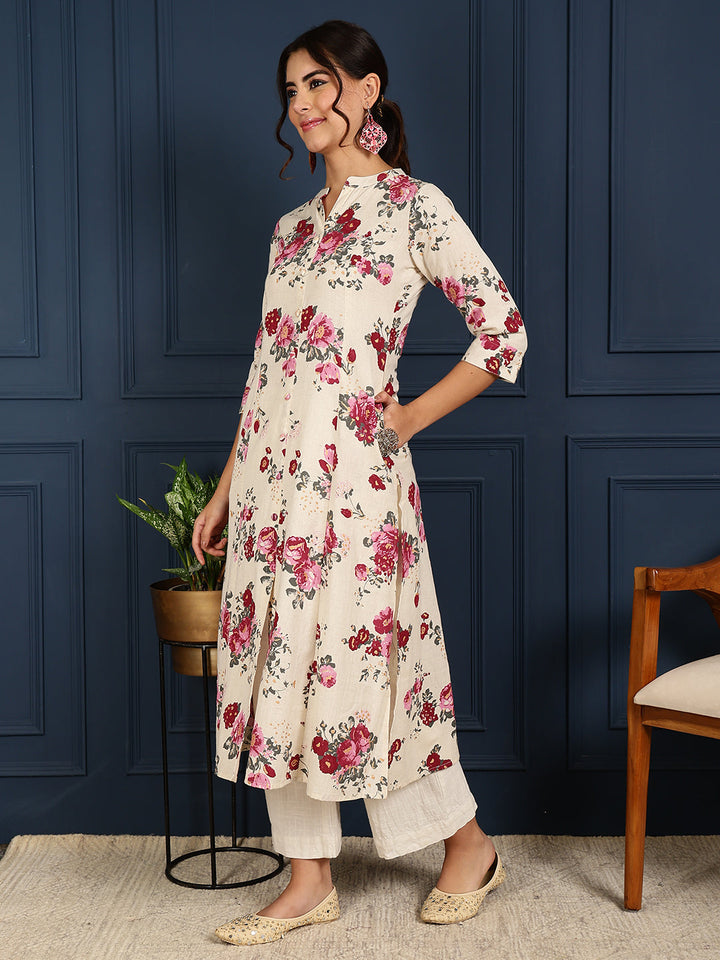 Flex Calf Length Printed A-Line 3/4 Sleeves Mandarin Coller Kurta