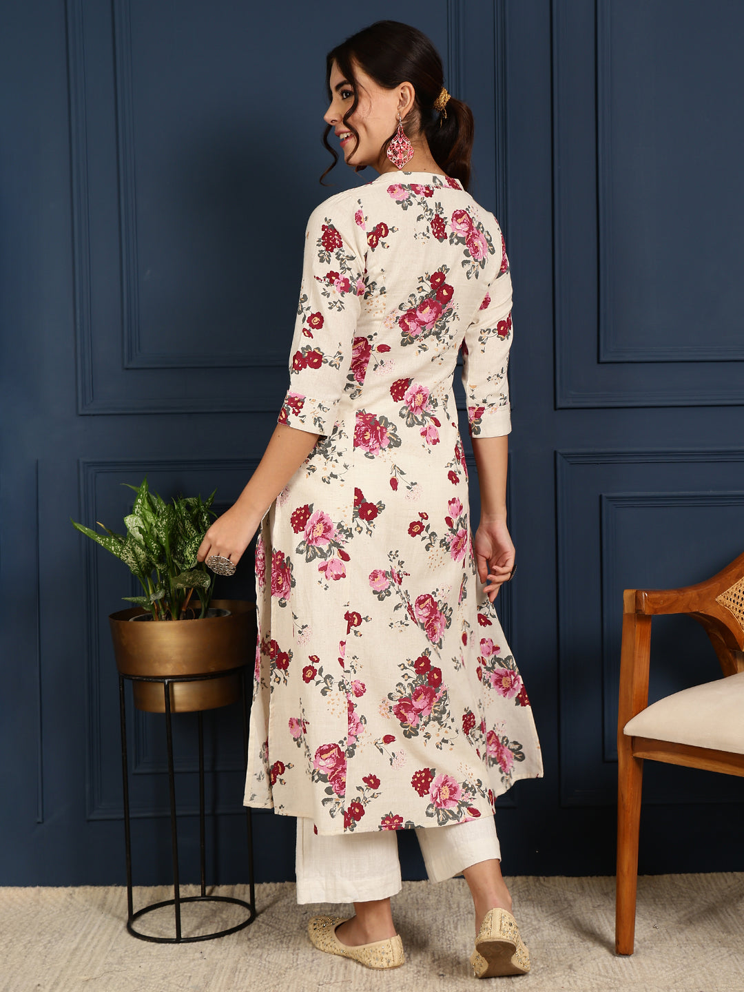 Flex Calf Length Printed A-Line 3/4 Sleeves Mandarin Coller Kurta