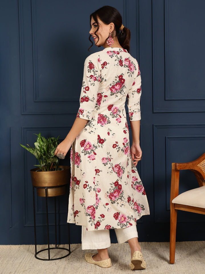 Flex Calf Length Printed A-Line 3/4 Sleeves Mandarin Coller Kurta