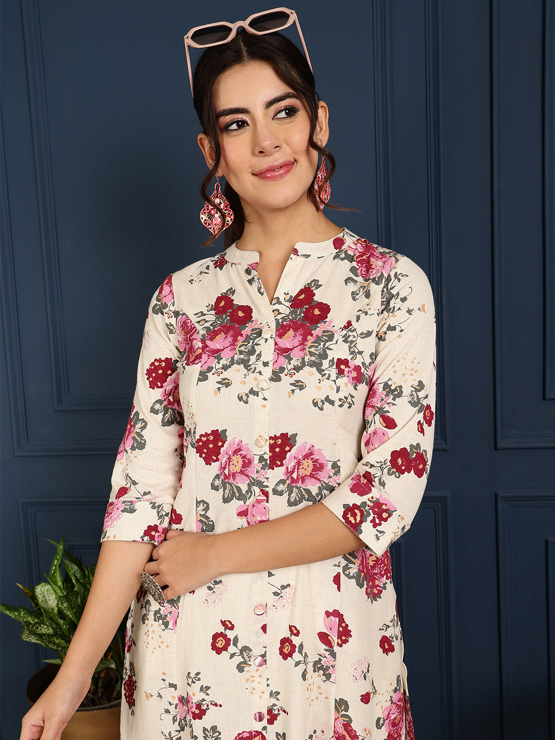 Flex Calf Length Printed A-Line 3/4 Sleeves Mandarin Coller Kurta