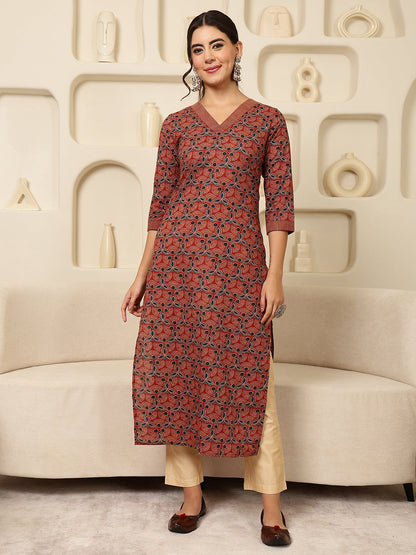 Rayon Calf Length Printed Straight 3/4 Sleeves V-Neck Kurta