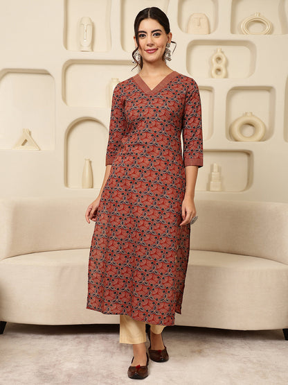 Rayon Calf Length Printed Straight 3/4 Sleeves V-Neck Kurta