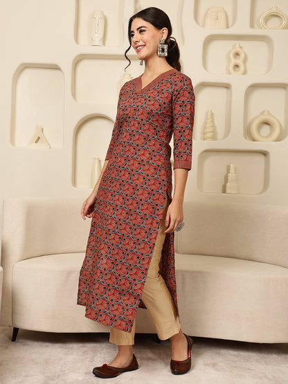 Rayon Calf Length Printed Straight 3/4 Sleeves V-Neck Kurta