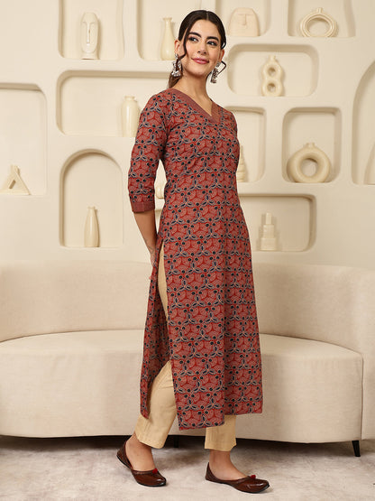 Rayon Calf Length Printed Straight 3/4 Sleeves V-Neck Kurta