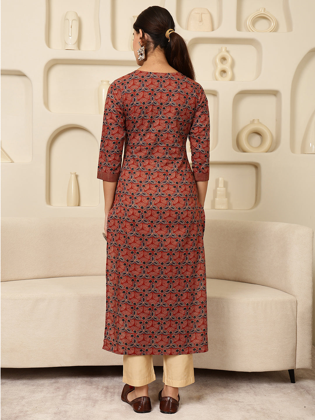 Rayon Calf Length Printed Straight 3/4 Sleeves V-Neck Kurta