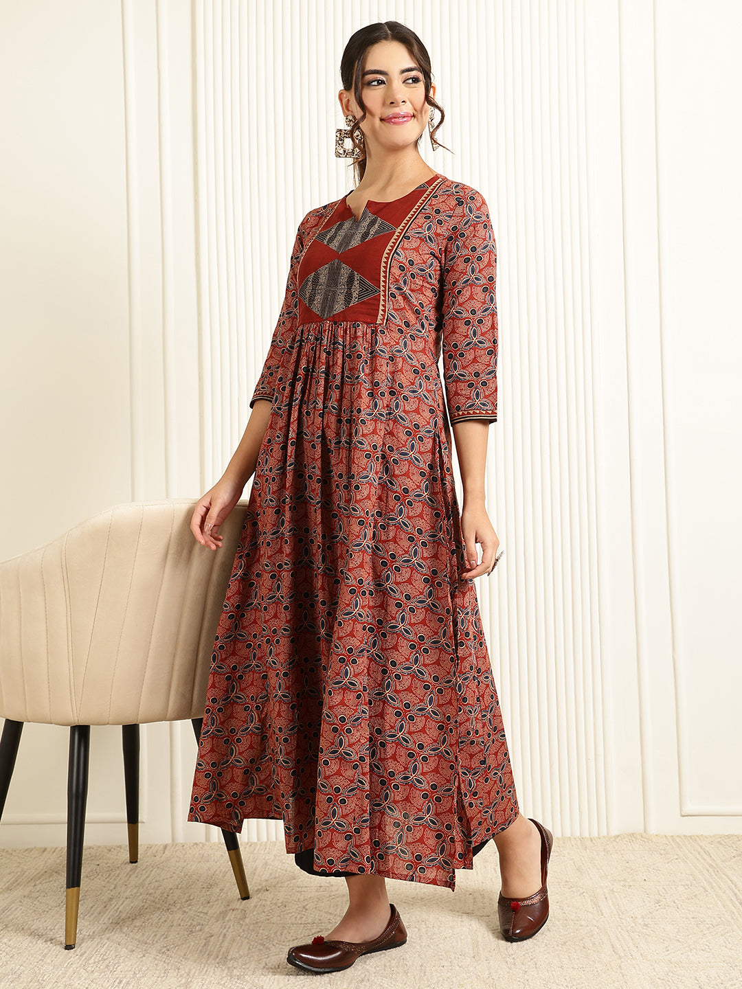 Rayon Calf Length Printed Flared 3/4 Sleeves Round Neck Kurta