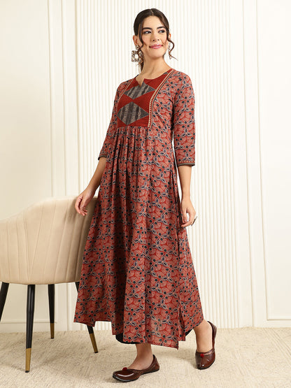 Rayon Calf Length Printed Flared 3/4 Sleeves Round Neck Kurta