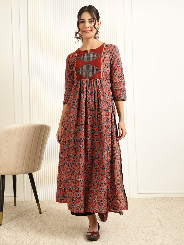 Rayon Calf Length Printed Flared 3/4 Sleeves Round Neck Kurta