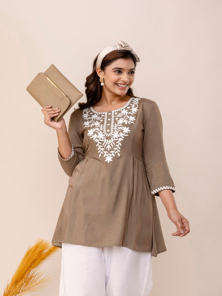 Rayon Hip Length Solid Straight 3/4 Sleeves Round Neck Solid Embroidered Top