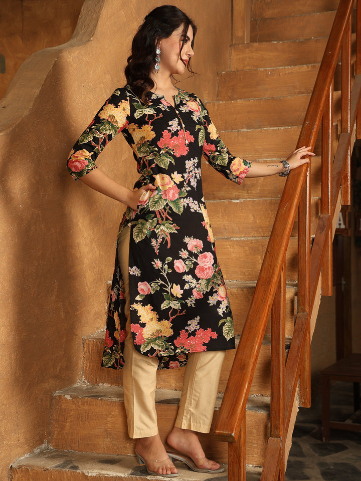 Cotton Calf Length Printed Straight 3/4 Sleeves Round Neck Kurta
