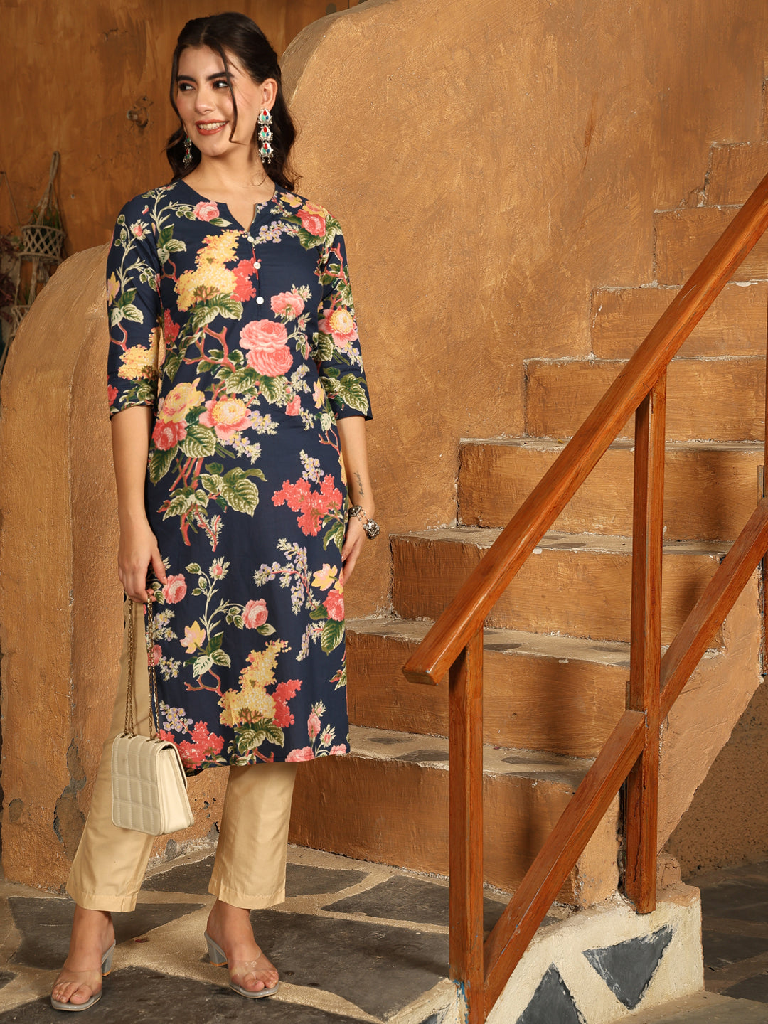 Cotton Calf Length Printed Straight 3/4 Sleeves Round Neck Kurta