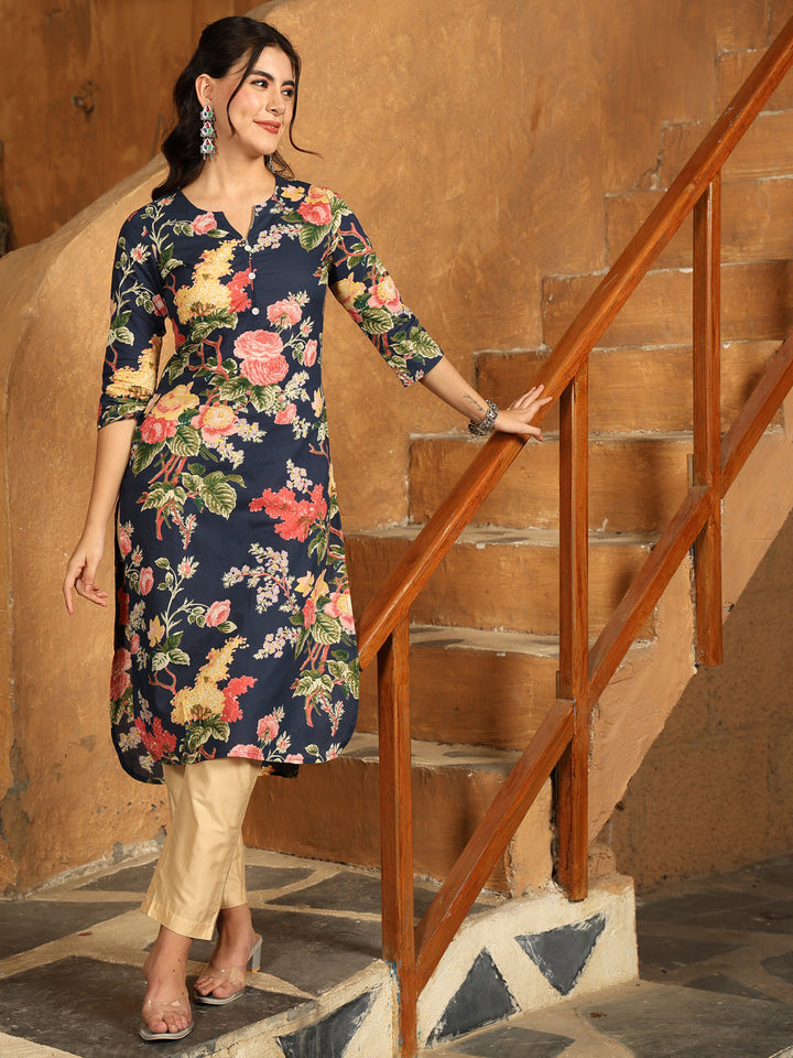 Cotton Calf Length Printed Straight 3/4 Sleeves Round Neck Kurta