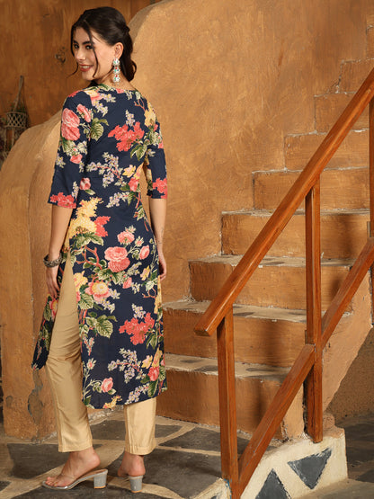 Cotton Calf Length Printed Straight 3/4 Sleeves Round Neck Kurta