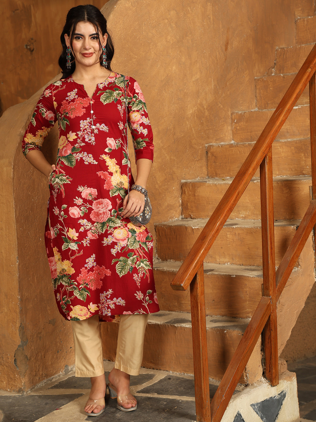Cotton Calf Length Printed Straight 3/4 Sleeves Round Neck Kurta