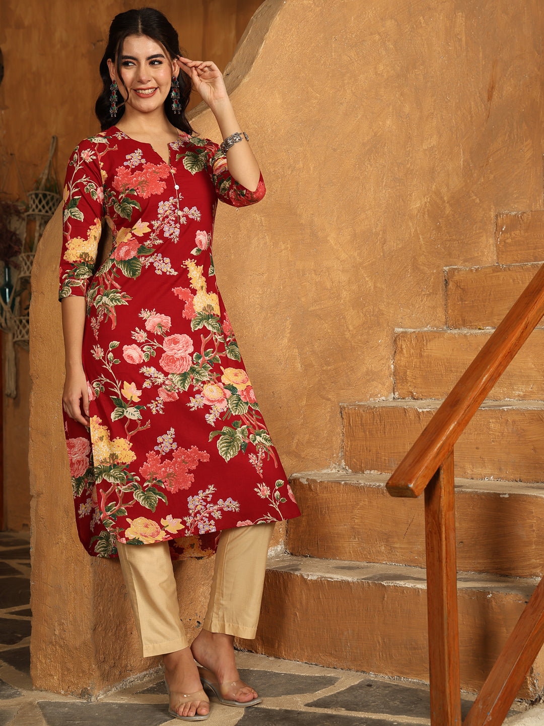 Cotton Calf Length Printed Straight 3/4 Sleeves Round Neck Kurta