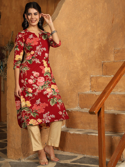 Cotton Calf Length Printed Straight 3/4 Sleeves Round Neck Kurta