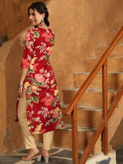 Cotton Calf Length Printed Straight 3/4 Sleeves Round Neck Kurta