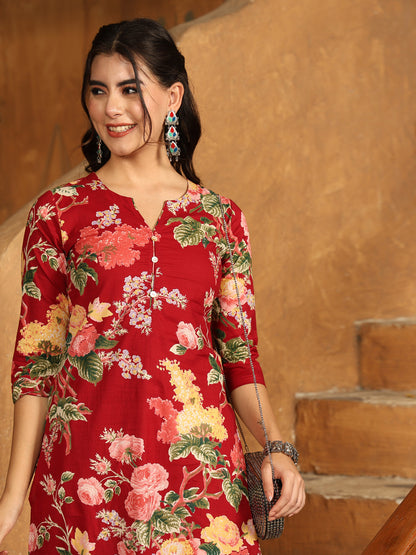 Cotton Calf Length Printed Straight 3/4 Sleeves Round Neck Kurta