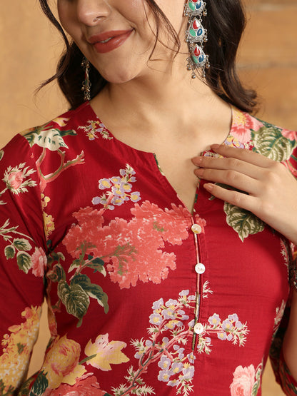 Cotton Calf Length Printed Straight 3/4 Sleeves Round Neck Kurta