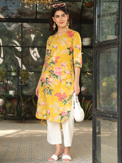 Cotton Calf Length Printed Straight 3/4 Sleeves Round Neck Kurta
