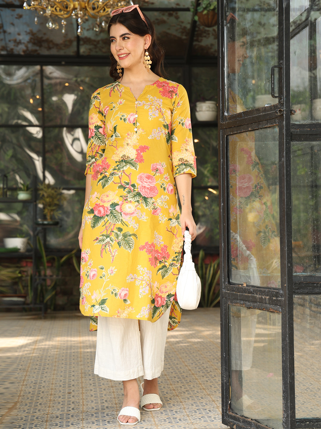 Cotton Calf Length Printed Straight 3/4 Sleeves Round Neck Kurta