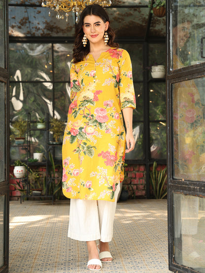 Cotton Calf Length Printed Straight 3/4 Sleeves Round Neck Kurta