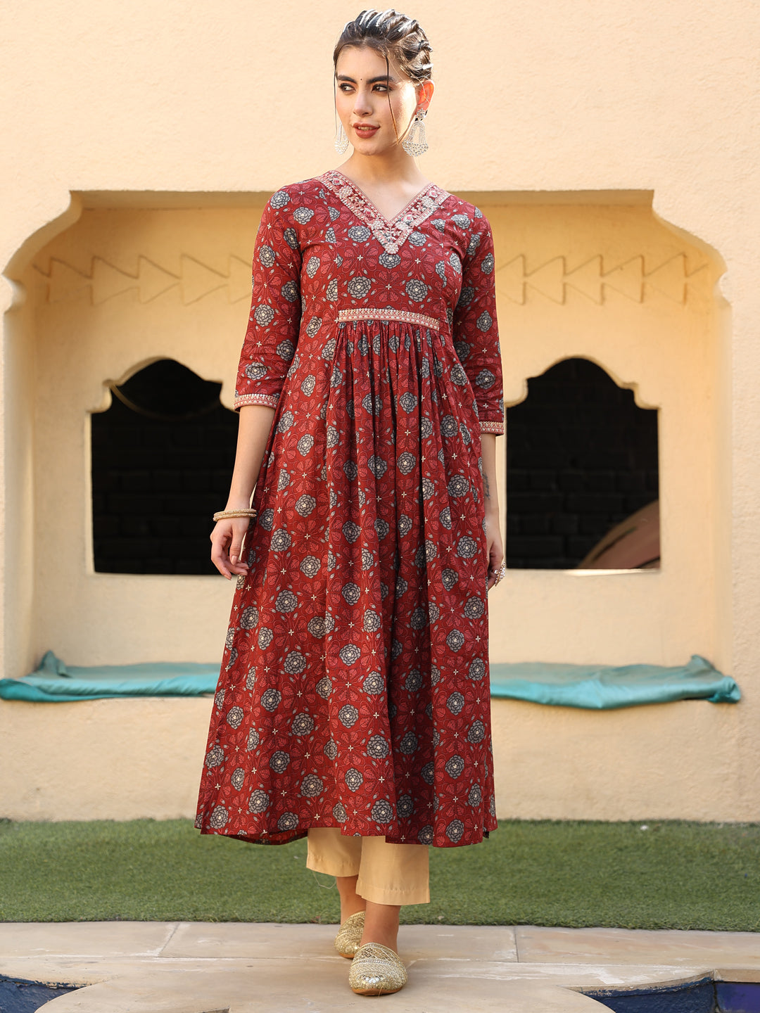 Cotton Calf Length Printed Flared 3/4 Sleeves V-Neck Kurta