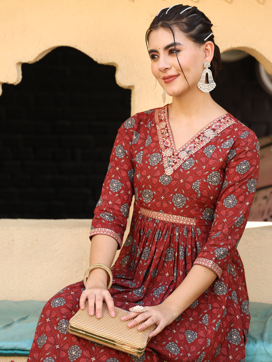 Cotton Calf Length Printed Flared 3/4 Sleeves V-Neck Kurta