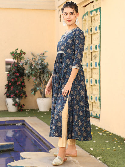 Cotton Calf Length Printed Flared 3/4 Sleeves V-Neck Kurta