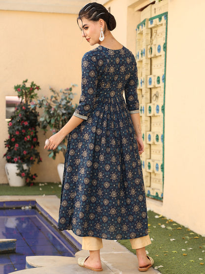 Cotton Calf Length Printed Flared 3/4 Sleeves V-Neck Kurta