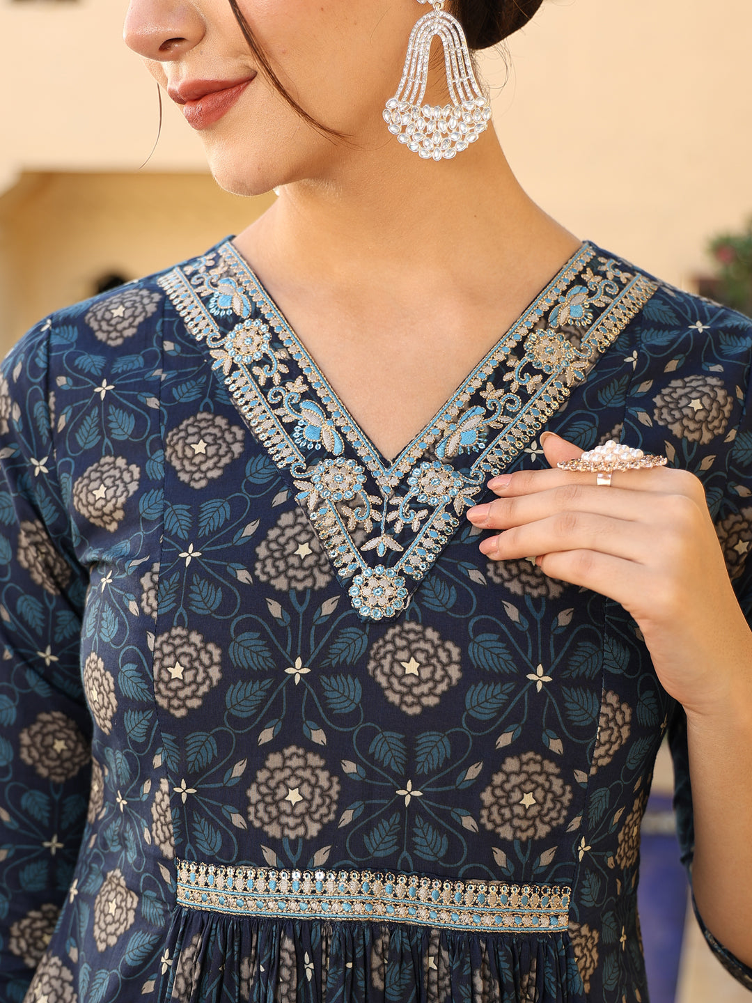 Cotton Calf Length Printed Flared 3/4 Sleeves V-Neck Kurta