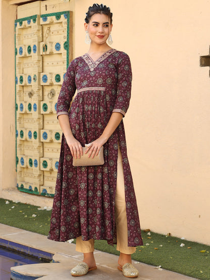 Cotton Calf Length Printed Flared 3/4 Sleeves V-Neck Kurta