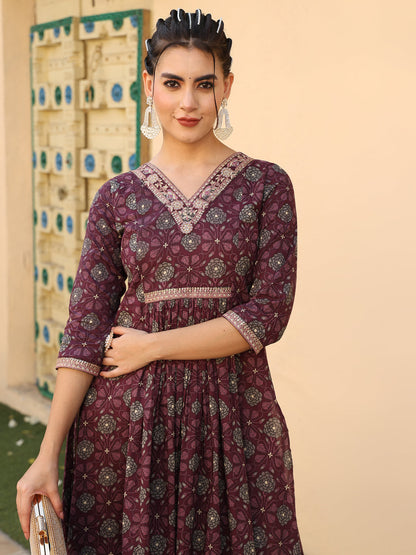 Cotton Calf Length Printed Flared 3/4 Sleeves V-Neck Kurta