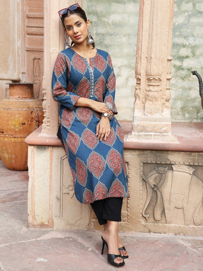 Cotton Calf Length Printed Straight 3/4 Sleeves Round Neck Kurta