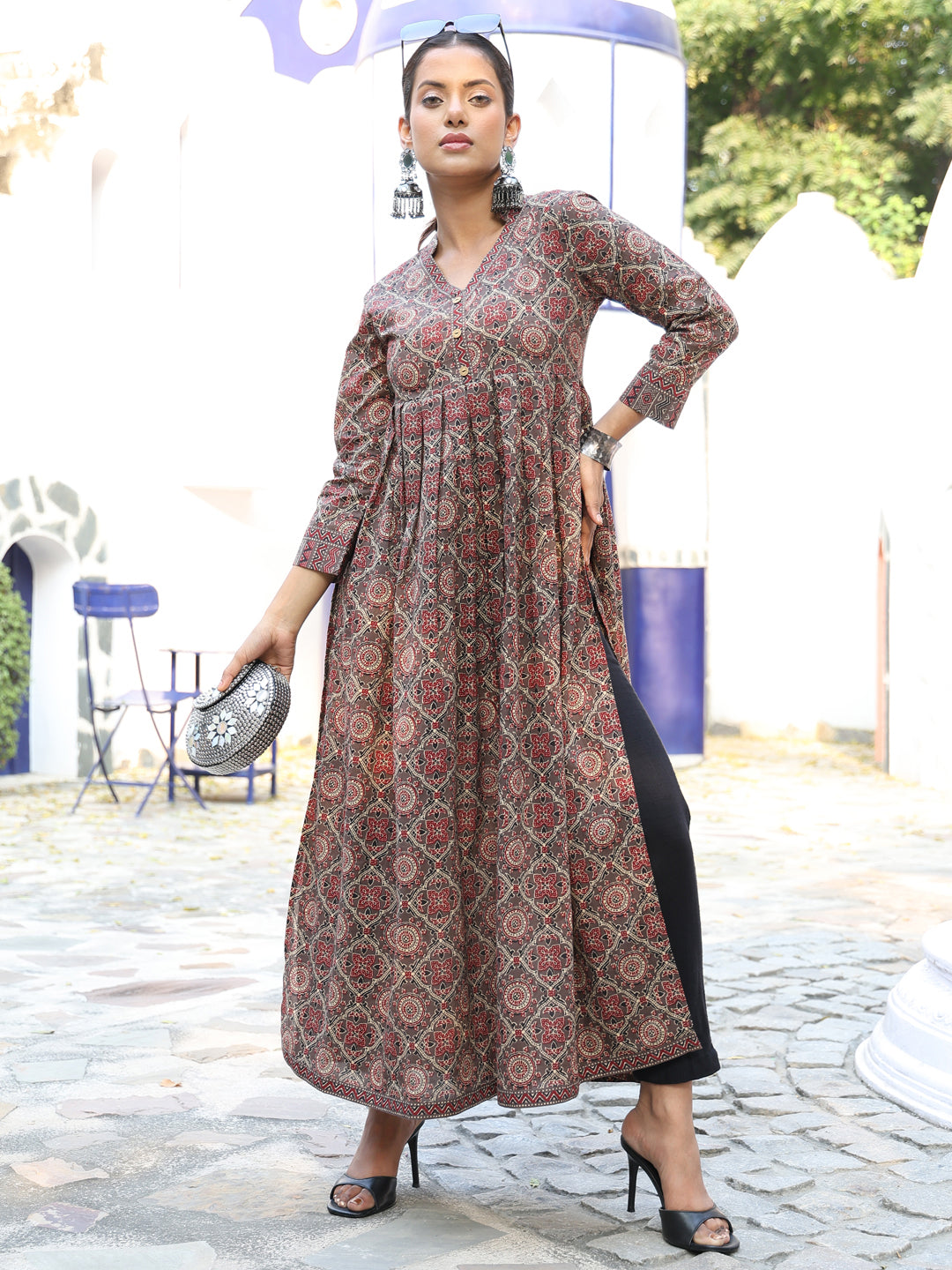 Cotton Calf Length Printed Flared 3/4 Sleeves V-Neck Kurta