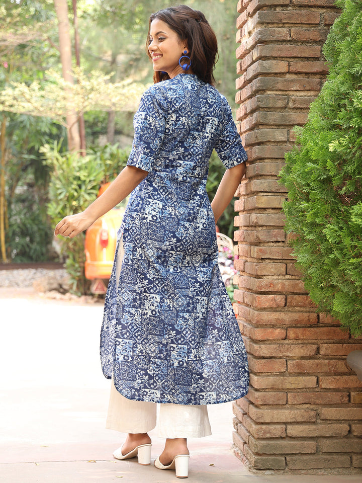Rayon Calf Length Printed Straight 3/4 Sleeves Mandarin Kurta