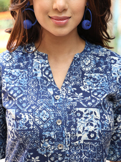 Rayon Calf Length Printed Straight 3/4 Sleeves Mandarin Kurta