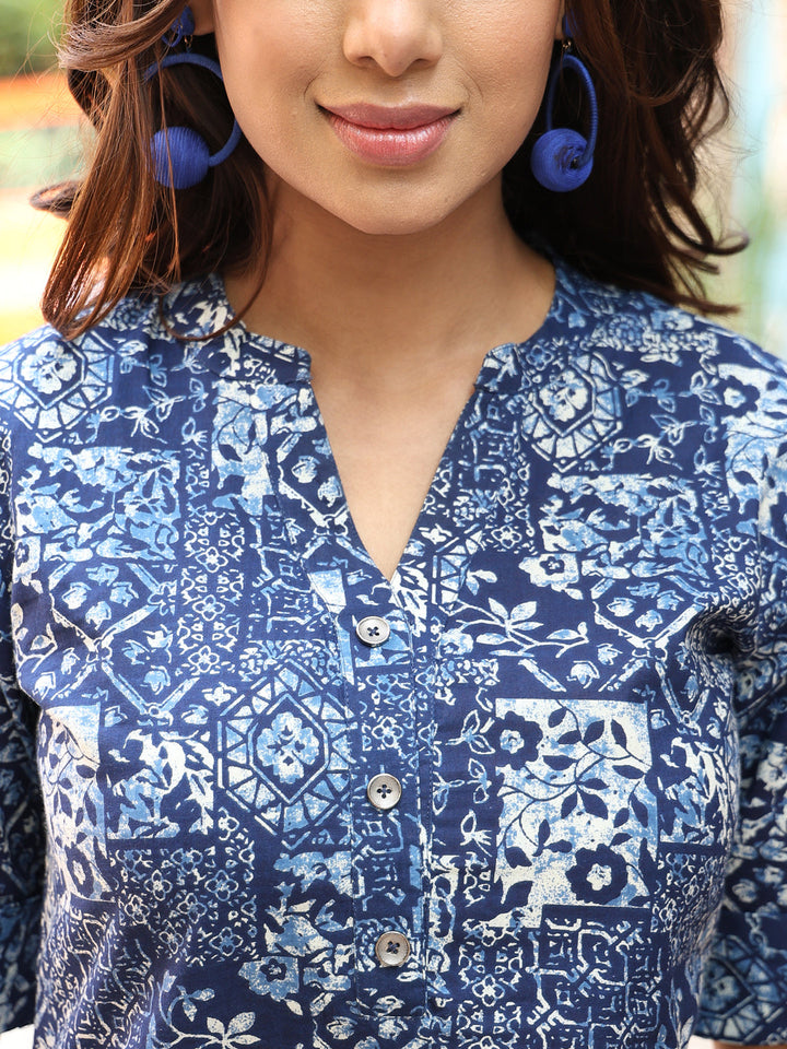 Rayon Calf Length Printed Straight 3/4 Sleeves Mandarin Kurta