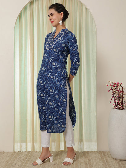 Cotton Calf Length Printed Straight 3/4 Sleeves V-Neck Kurta