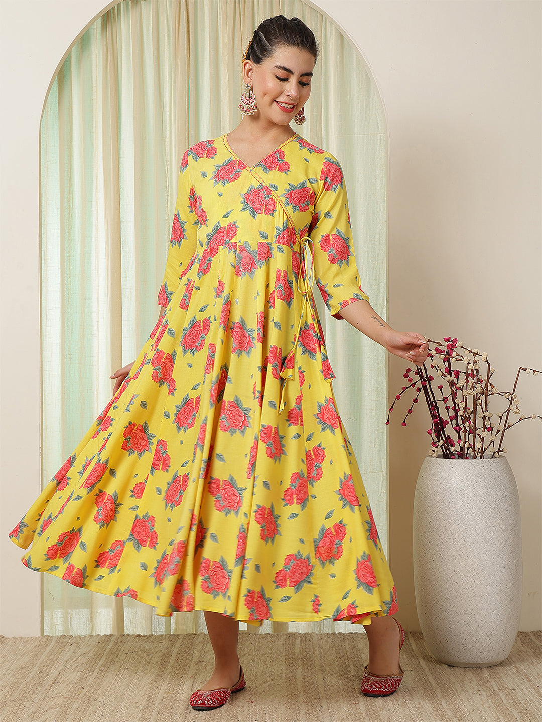 Rayon Calf Length Printed Flared 3/4 Sleeves V-Neck Kurta