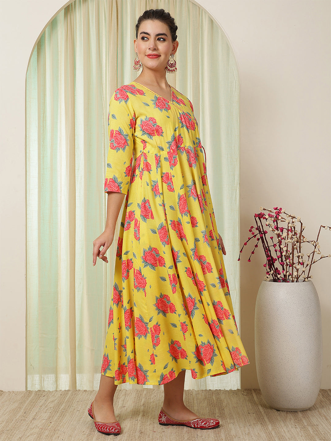 Rayon Calf Length Printed Flared 3/4 Sleeves V-Neck Kurta