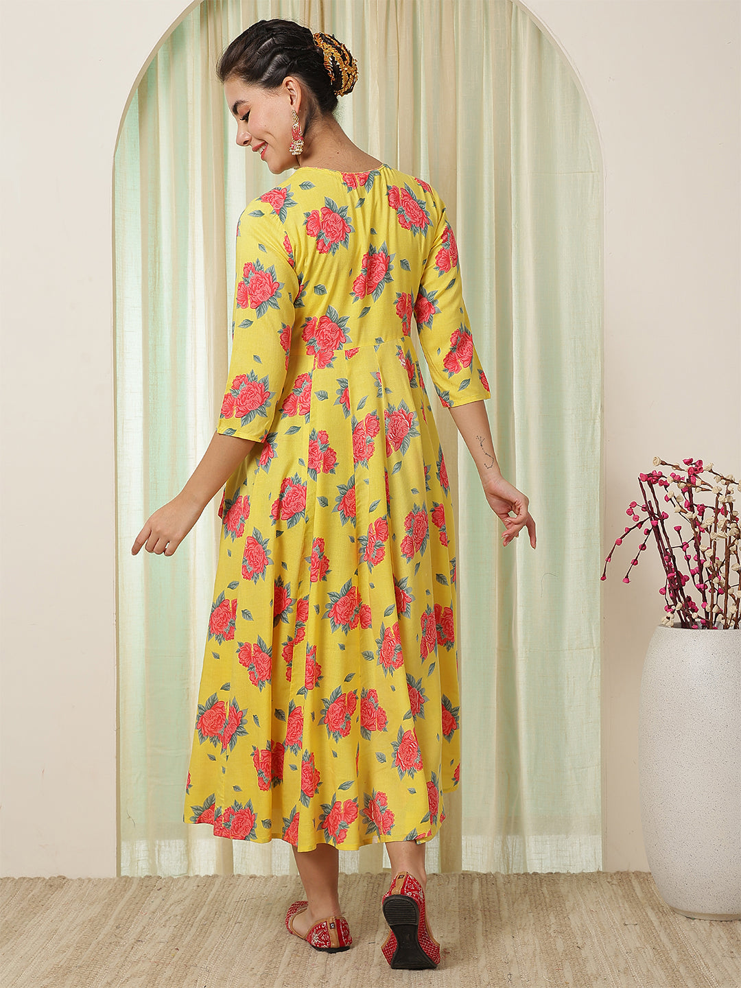 Rayon Calf Length Printed Flared 3/4 Sleeves V-Neck Kurta