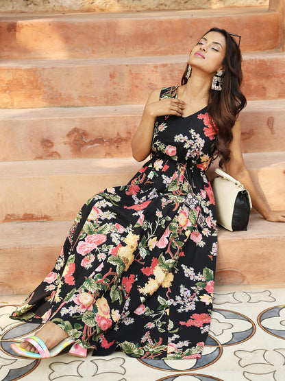 Cotton Ankle Length Printed Flared 3/4 Sleeves V-Neck Kurta