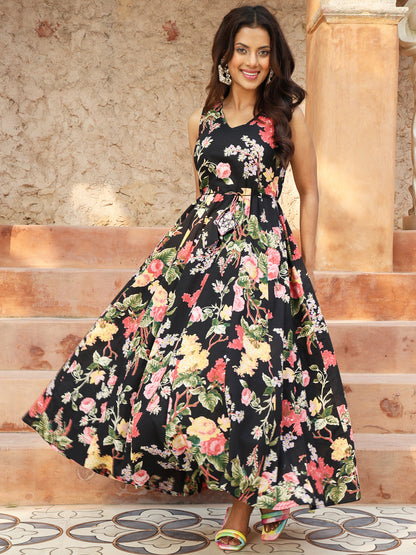 Cotton Ankle Length Printed Flared 3/4 Sleeves V-Neck Kurta