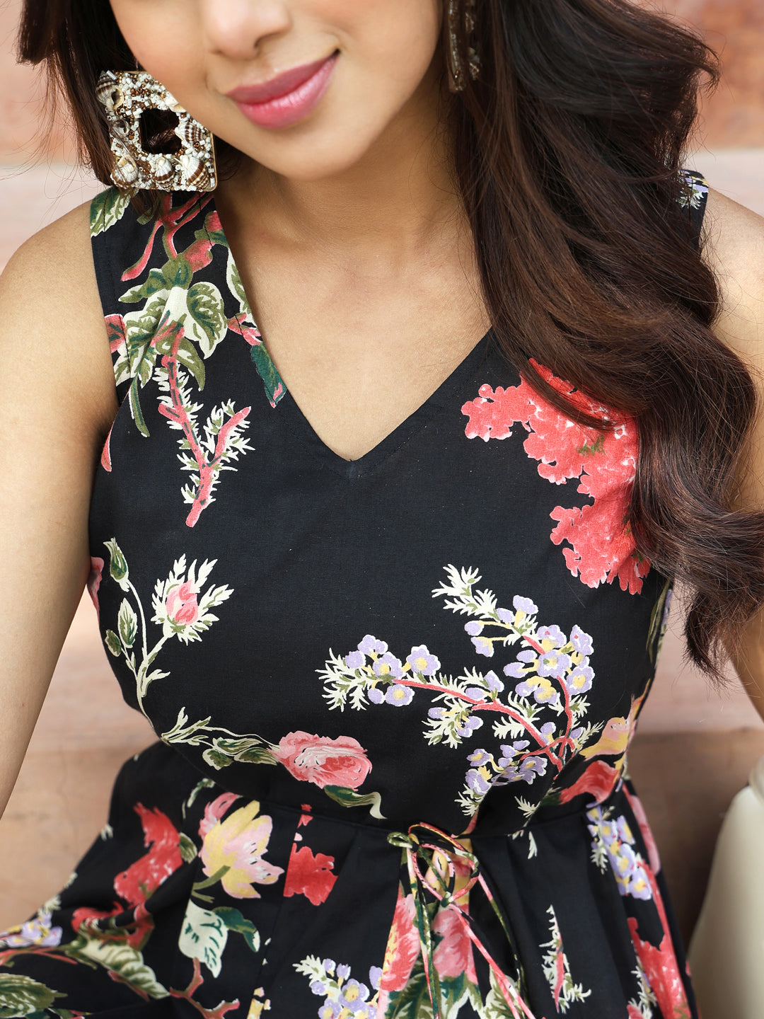 Cotton Ankle Length Printed Flared 3/4 Sleeves V-Neck Kurta