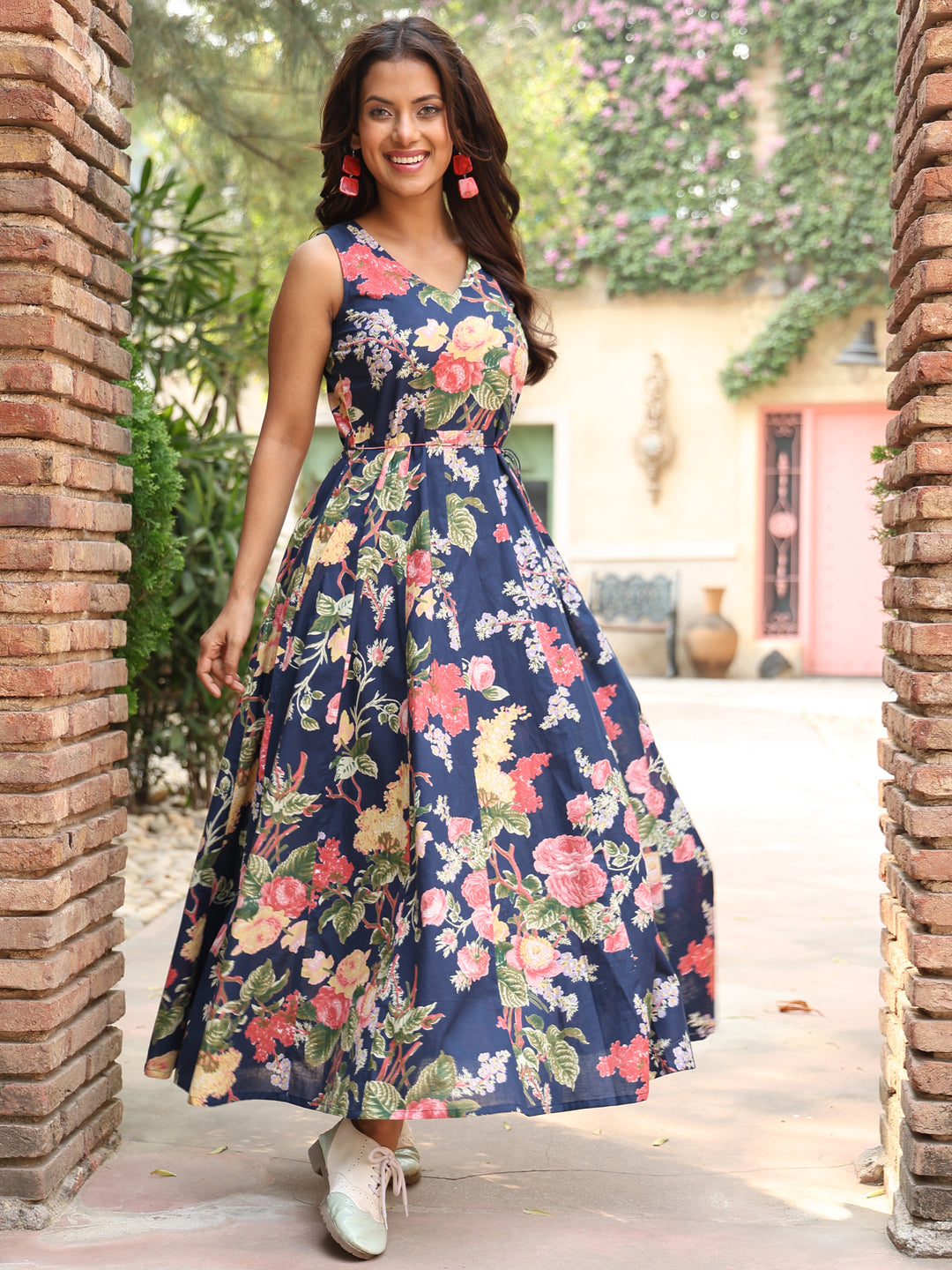 Cotton Ankle Length Printed Flared 3/4 Sleeves V-Neck Kurta