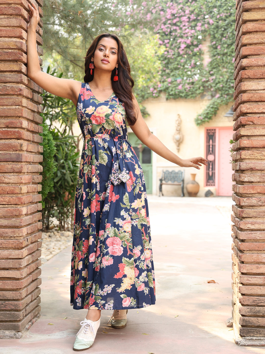 Cotton Ankle Length Printed Flared 3/4 Sleeves V-Neck Kurta