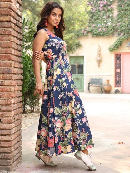 Cotton Ankle Length Printed Flared 3/4 Sleeves V-Neck Kurta