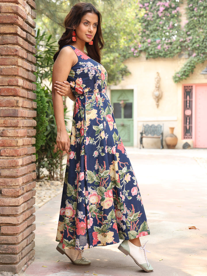 Cotton Ankle Length Printed Flared 3/4 Sleeves V-Neck Kurta