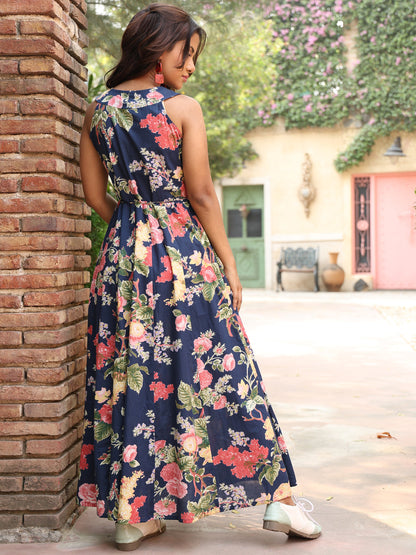 Cotton Ankle Length Printed Flared 3/4 Sleeves V-Neck Kurta